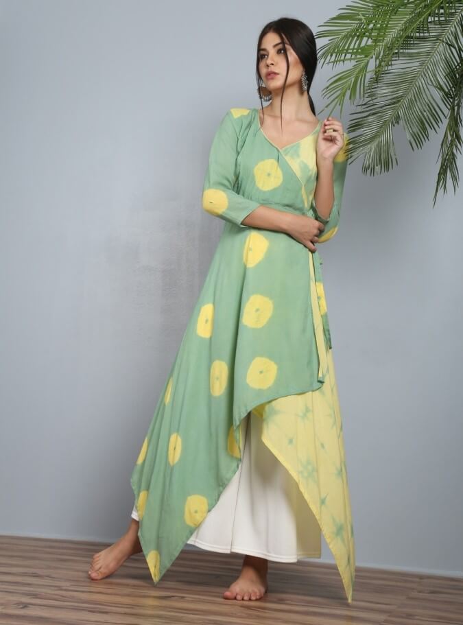 Green and yellow angrakha tail cut kurti with pallazos