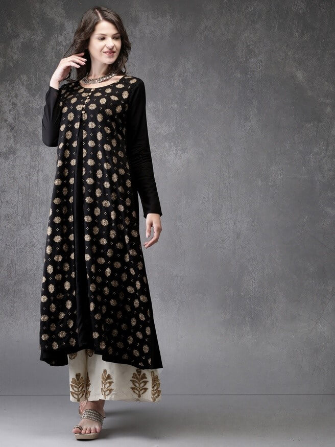 Black and gold-toned printed A-line kurta